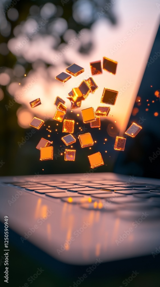 Aufkleber Dynamic Cybersecurity Visual Modern Laptop with Floating Digital Symbols at Sunset - Cutting-Edge Tech Aesthetic for Secure Data Solutions and Business Innovation