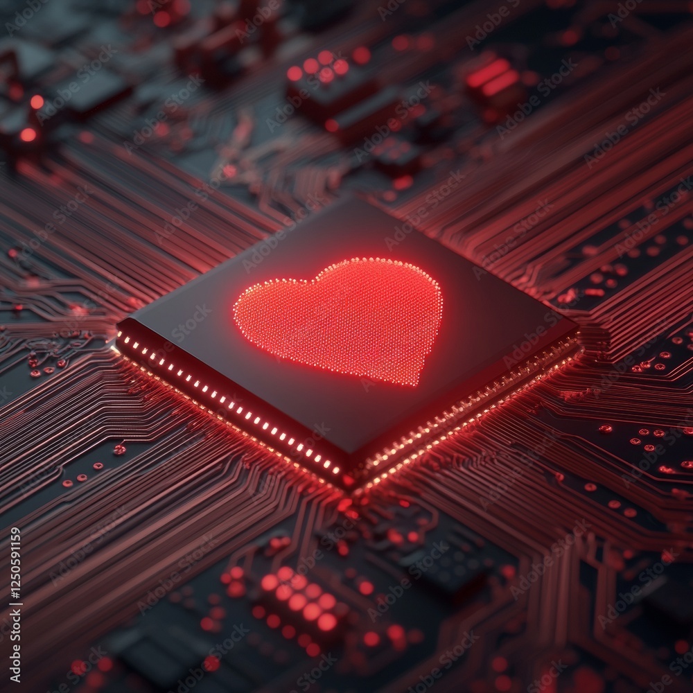 Poster Futuristic Technology Art LED-Enhanced Circuit Board with Heart Icon - Digital Security and Compliance in Tech Marketing and Branding