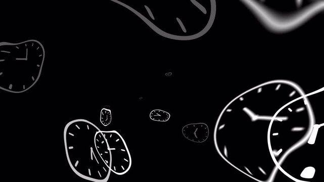 Distorted Time-passing effect on a transparent background, seamless loop. Animation of ticking round clocks flow into the camera, taking a lot of running time, a wobbly time machine.