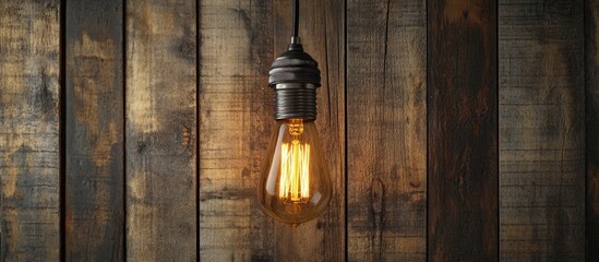 Vintage Edison light bulb illuminating rustic wooden backdrop creating a warm atmosphere for home decor or interior design concepts