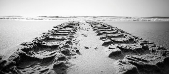 Off road tire tracks leading to the ocean with a monochrome sandy beach background capturing adventure and exploration.