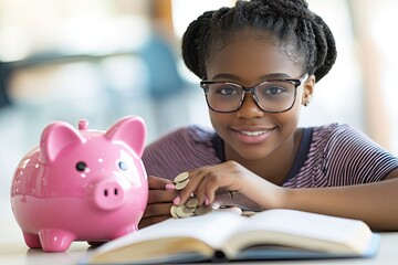 Girl saving money, piggy bank, book, education, indoor, future planning