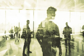 Collaborative team of business professionals working together in modern office setting, double exposure effect, ideal for corporate and teamwork-themed banner designs 