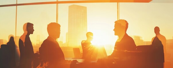 Collaborative team of business professionals working together in modern office setting, double exposure effect, ideal for corporate and teamwork-themed banner designs 