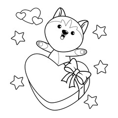 Valentine Day Coloring Page with cute husky