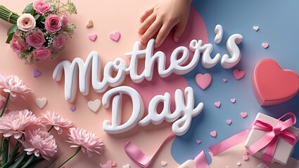 Celebrating Mother's Day with flowers, gifts, and heartfelt decorations on a colorful background in early spring