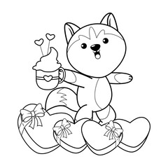 Valentine Day Coloring Page with cute husky