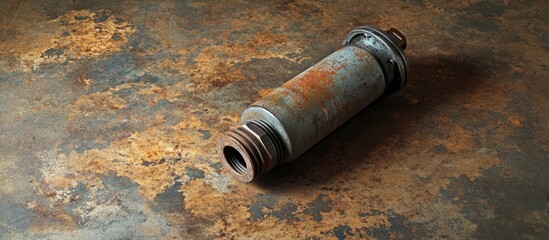 Obraz premium Rusty old clutch slave cylinder resting on a textured brown floor showcasing corrosion and wear in an automotive context.