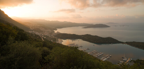 A panorama of the tourist city of Kas at sunrise. Mediterranean beaches. Antalya city, Turkey country 