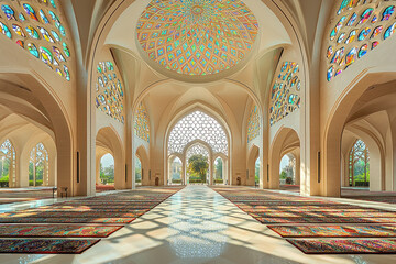 Obraz premium Grand mosque interior, stained glass dome, prayer rugs, sunlight