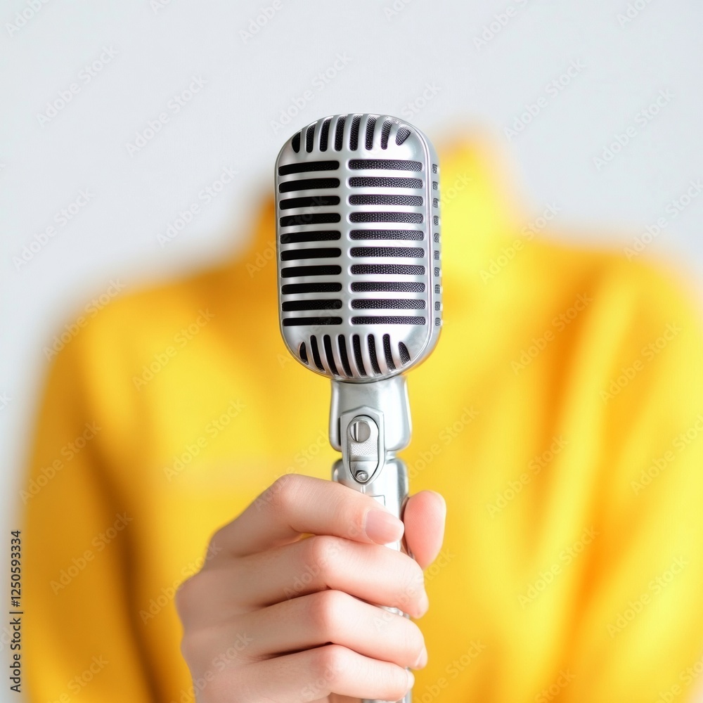 Poster retro-chic fun at work female collaborator with vintage microphone and vibrant office chart - modern