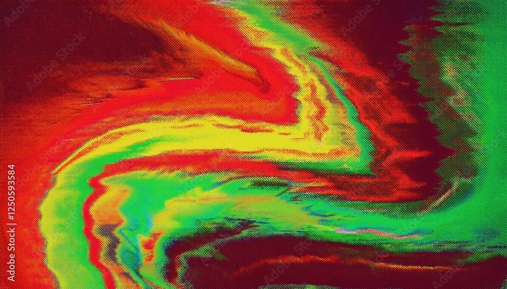 Poster abstract digital swirl pattern with vibrant red, green, yellow colors, creating a hypnotic wave like