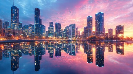 Fototapeta premium Golden Hour Glow: Vibrant City Lights Reflecting on Modern Skyscrapers at Sunset