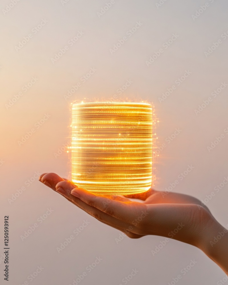 Poster Futuristic Technology Aesthetic Illuminated Data Orb in Hand - Digital Interface and Innovation for Advanced Business Intelligence Solutions