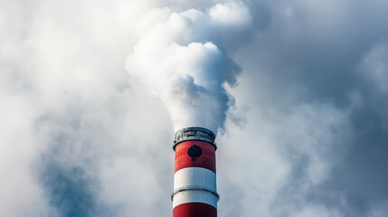 A tall smokestack emits white smoke into a cloudy sky, symbolizing industrial activity and potential environmental impact.