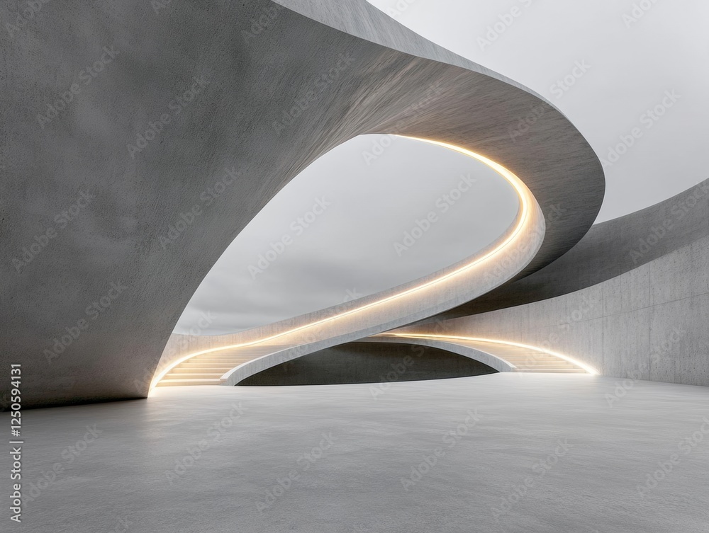 Poster futuristic architectural spiral concrete curves with led strips - innovative design concept for mode