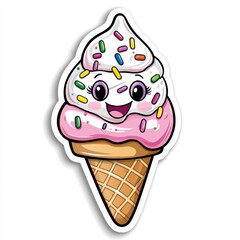 Cute Cartoon Ice Cream Cone with Smiling Face and Colorful Sprinkles
