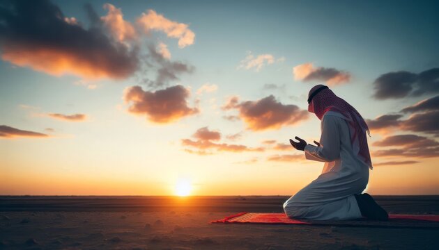 someone who is praying with a clear sky and morning sunlight as a background

