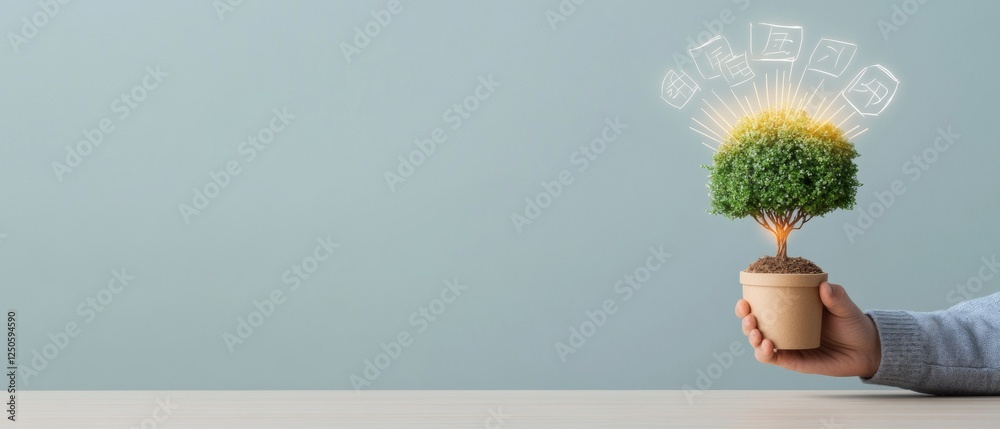 Poster illuminated educational growth tree in clay pot symbolizing knowledge expansion - contemporary learn
