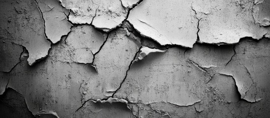 Obraz premium Weathered concrete wall texture featuring peeling paint and cracked surfaces in monochrome for background or design use.