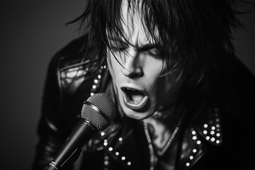 Singer passionately performing with a microphone in a dramatic black and white portrait
