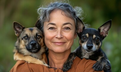 Warmhearted Animal Portraiture Compassionate Elder Woman with Rescue Dogs in Natural Setting - Pet Care and Emotional Content for Modern Lifestyle Marketing