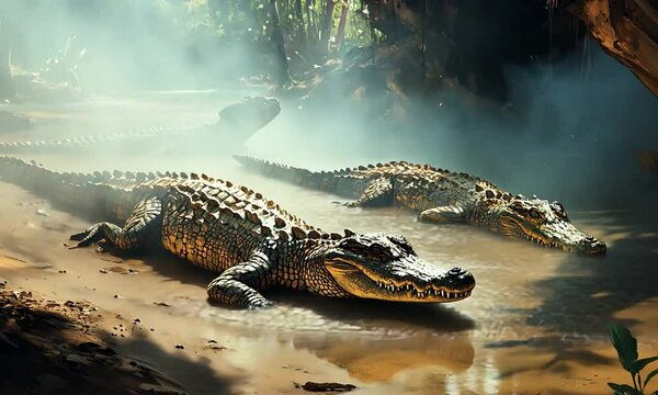 Three crocodiles basking in a sunlit swamp with mist