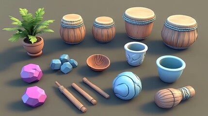 Cartoon drums, pots, and stones; game assets