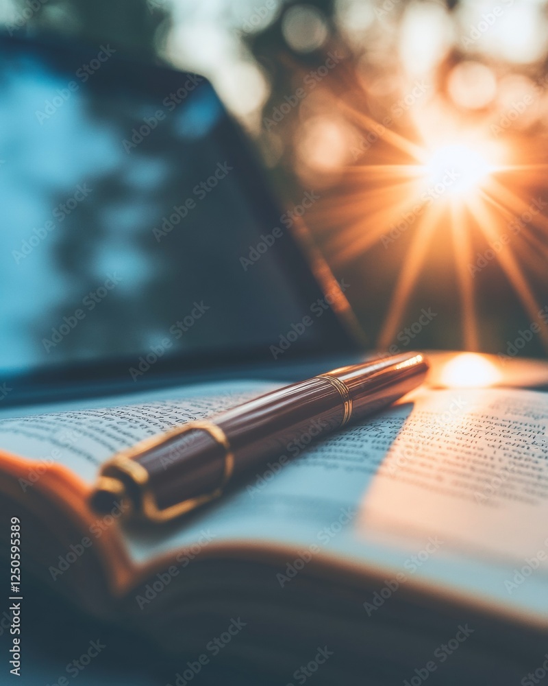 Poster Minimalist Study Nook Open Textbook with Highlights and Sticky Notes in Glow of Sunset - Enhancing Academic Focus and E-Learning for Contemporary Student Life