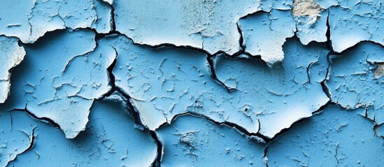 Fototapeta premium Textured blue wall with cracked paint revealing layers beneath, ideal for background or design projects highlighting wear and age.