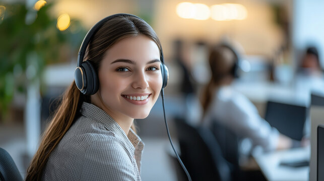 Customer Service Professional: A friendly female customer service representative wearing headphones with a genuine smile, ready to assist and provide excellent support.