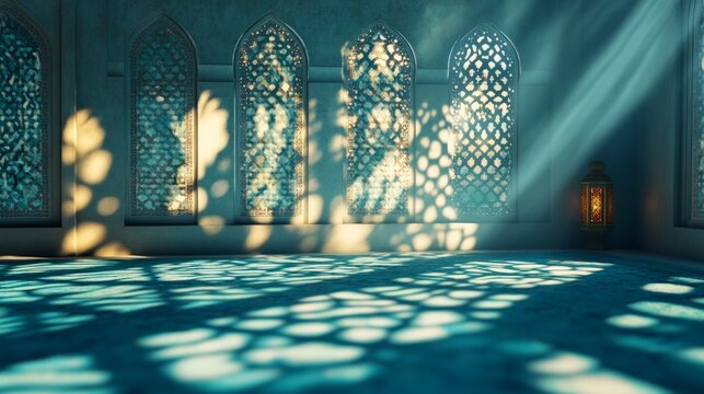 Elegant arabesque shadow pattern creating an intricate light and shade effect on a neutral background, featuring ornate islamic-inspired decorative motifs for artistic and aesthetic visual design


