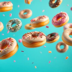 Colorful Donuts Falling Against A Teal Background