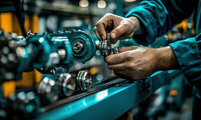 Obraz premium Assembling machinery components with precision and focus