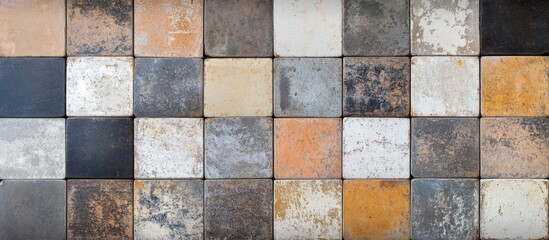 Vintage worn geometric mosaic tiles with patchwork motif in earthy tones displayed on a textured stone wall background.