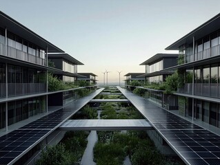 Fototapeta premium wide-angle photography of multiple eco-facilities in a green technology park, with solar, wind, and hydrogen power systems, open blue sky, expansive innovative infrastructure, balanced color tone
