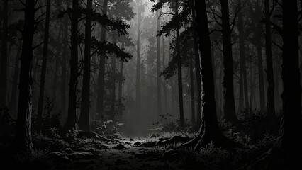 Naklejka premium Mysterious dark forest with fog and shadows creating eerie atmosphere