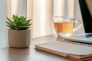 Zen Desk Setup Succulent, Notebook and Tea on Wooden Surface - Enhancing Mindful Productivity in Modern Open-Plan Offices for Workplace Wellness and Stress Reduction