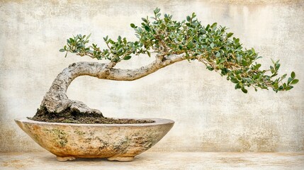 Elegant bonsai tree, textured background, zen garden, tranquility