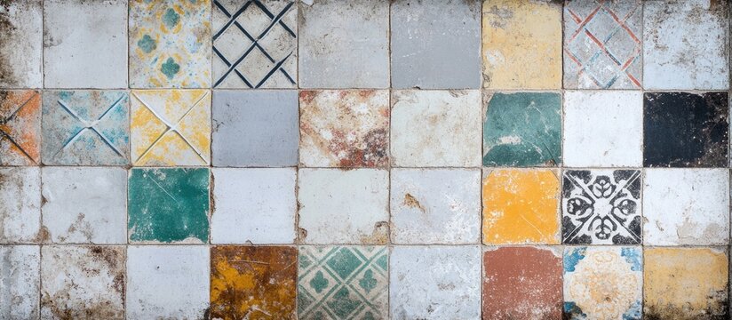 Vintage patchwork tile texture on weathered stone wall with decorative patterns and ample space for text or design elements.