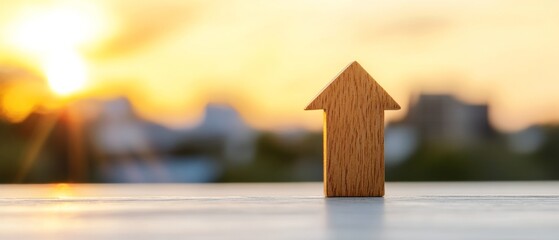 Warm Minimalist Real Estate Growth Wooden Arrow Symbolizing Property Investment on Sunlit Surface - Finance Trends and Modern Housing Market Strategy