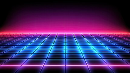 Retro neon grid floor, vibrant pink and blue glow, futuristic background, digital art