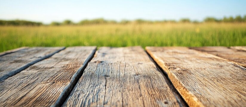 Rustic weathered barn wood planks with a lush green field in the background under a clear blue sky showcasing natural textures and rural charm