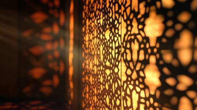 Elegant arabesque shadow pattern creating an intricate light and shade effect on a neutral background, featuring ornate islamic-inspired decorative motifs for artistic and aesthetic visual design


