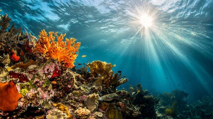 Obraz premium A mesmerizing underwater background with sun rays penetrating the deep blue ocean, creating a tranquil ambiance. --chaos 20 --ar 16:9 --quality 2 --v 6.1 Job ID: 26d3e82f-4308-4e2e-bf8d-3c0496fb2584