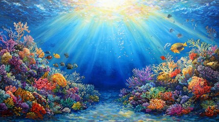 Obraz premium A mesmerizing underwater background with sun rays penetrating the deep blue ocean, creating a tranquil ambiance. --chaos 20 --ar 16:9 --quality 2 --v 6.1 Job ID: 26d3e82f-4308-4e2e-bf8d-3c0496fb2584