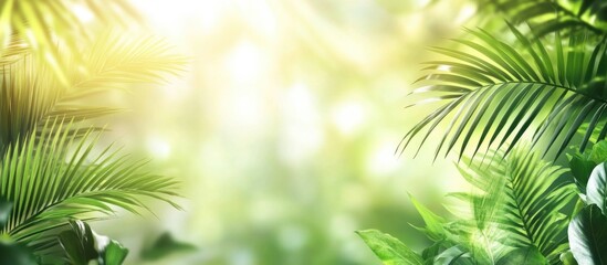 Tropical palm leaves in a natural greenery background with soft focus creating a serene and tranquil atmosphere for relaxation and meditation.