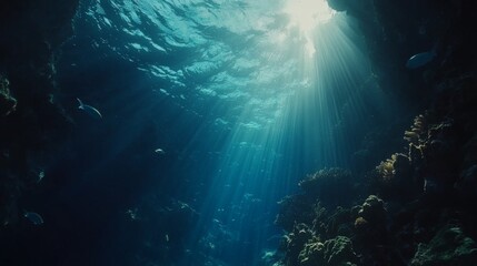 A mesmerizing underwater background with sun rays penetrating the deep blue ocean, creating a tranquil ambiance. --chaos 20 --ar 16:9 --quality 2 --v 6.1 Job ID: 26d3e82f-4308-4e2e-bf8d-3c0496fb2584
