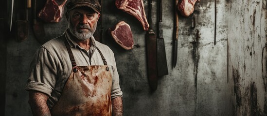 Experienced butcher in a traditional meat shop surrounded by hanging cuts of meat and vintage tools with a gritty atmosphere.
