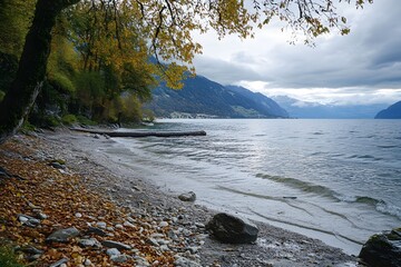 Autumnal lake shore, pebble beach, Swiss Alps backdrop, calm water, travel poster